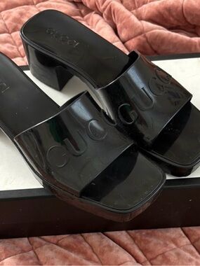 Gucci Black Patent Logo Slide Mules with Block Heel